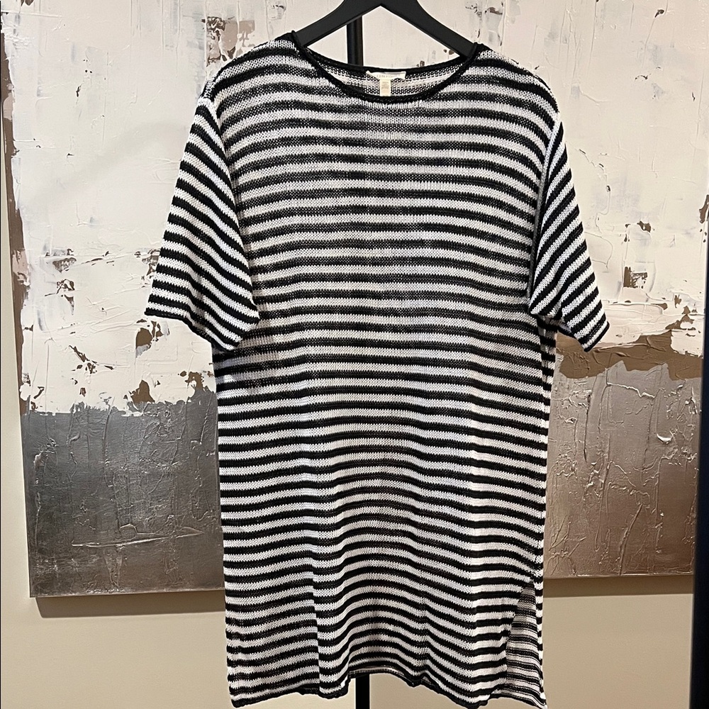 Eileen Fisher Graphite and White Striped Linen Tunic Sweater